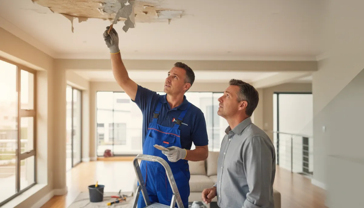 Professional handyman repairing ceiling damage after a failed DIY job Professional handyman repairing ceiling damage after a failed DIY job