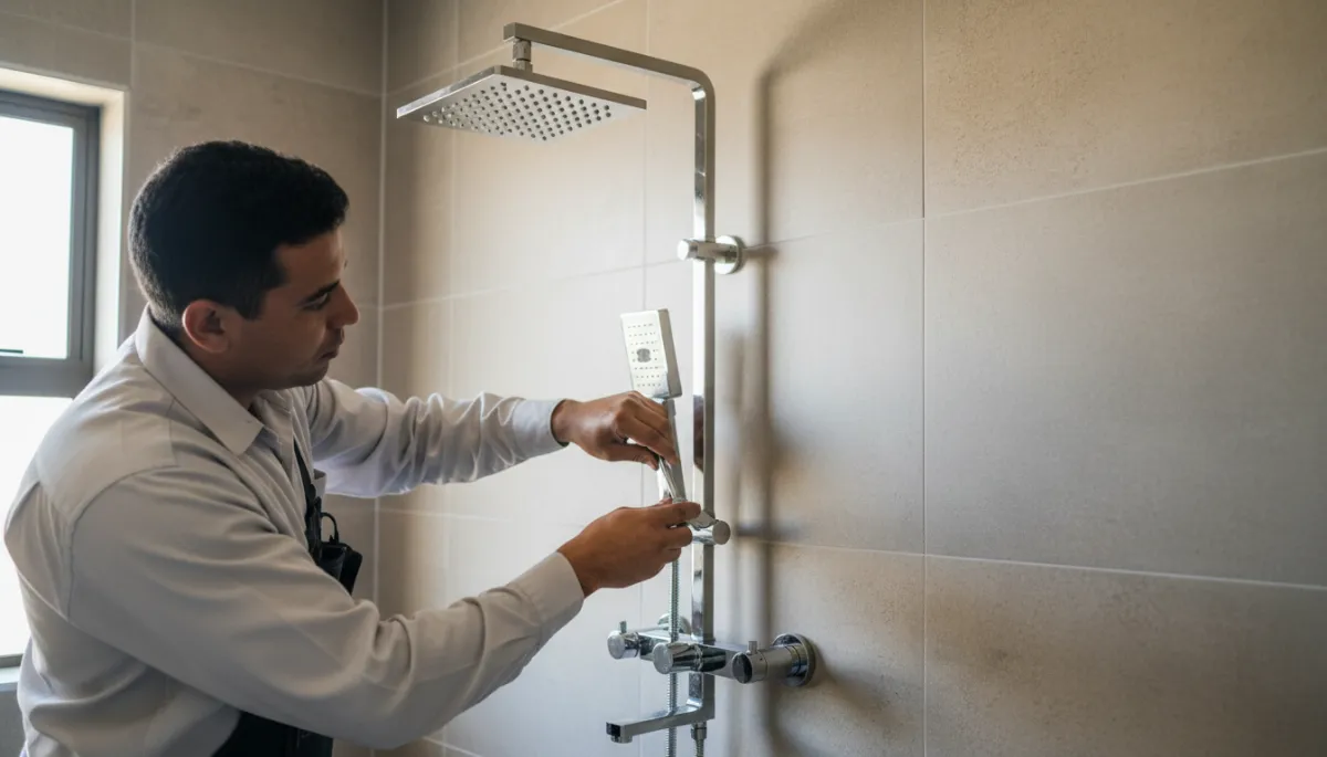 Professional maintenance worker inspecting a shower head in a Cape Town Airbnb bathroom Professional maintenance worker inspecting a shower head in a Cape Town Airbnb bathroom