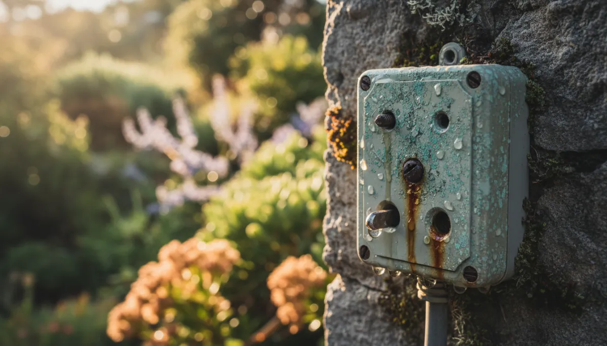 Weathered outdoor electrical socket showing signs of moisture and corrosion