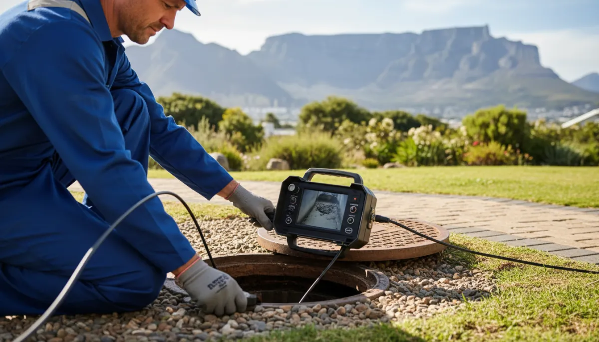 Plumber performing CCTV inspection of a residential drain line Plumber performing CCTV inspection of a residential drain line