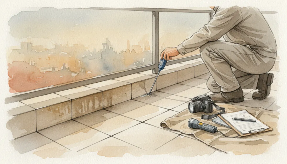 Technician assessing damp issue on balcony before waterproofing repair