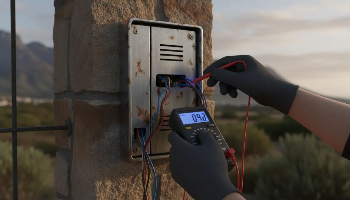 Technician testing wiring on a faulty intercom panel