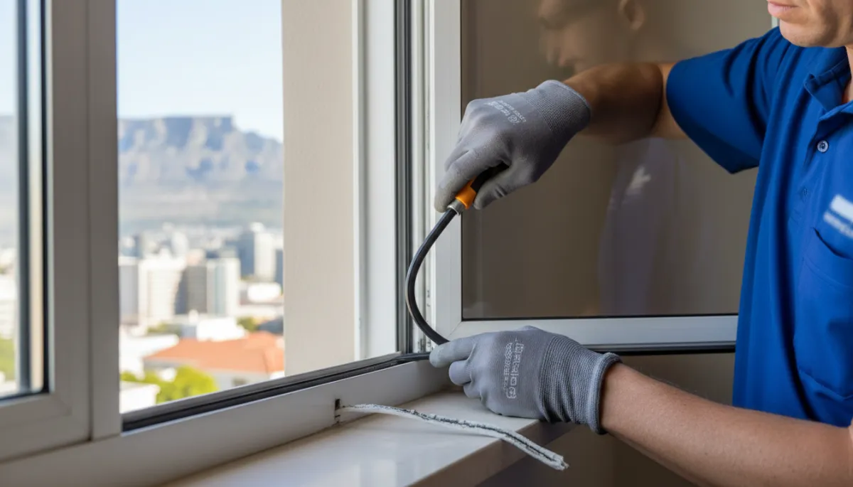 Technician replacing seals on an aluminium casement window