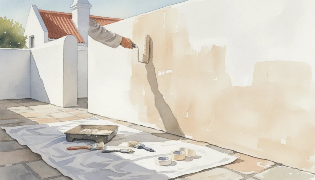 Painter applying neutral exterior paint to a Cape Town home wall