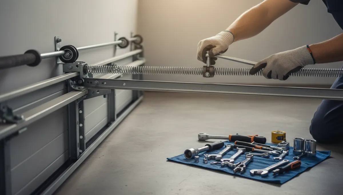 Technician adjusting a garage door spring and track Technician adjusting a garage door spring and track