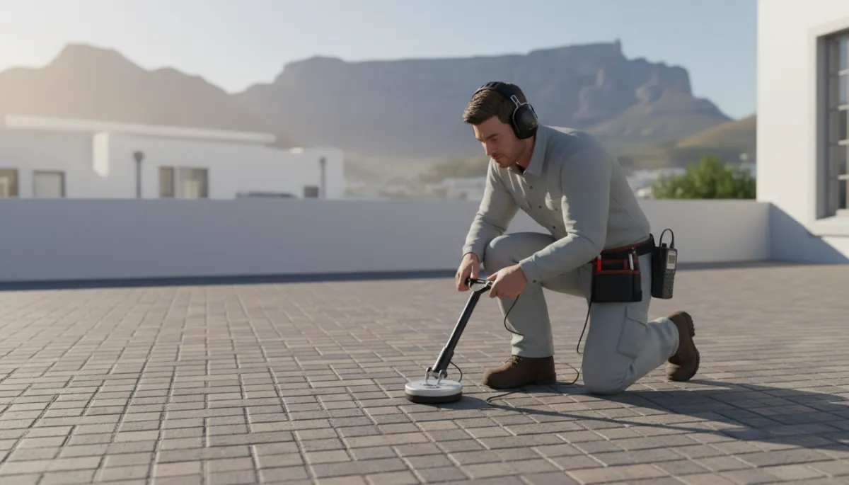 Plumber using acoustic equipment to detect an underground water leak on a driveway