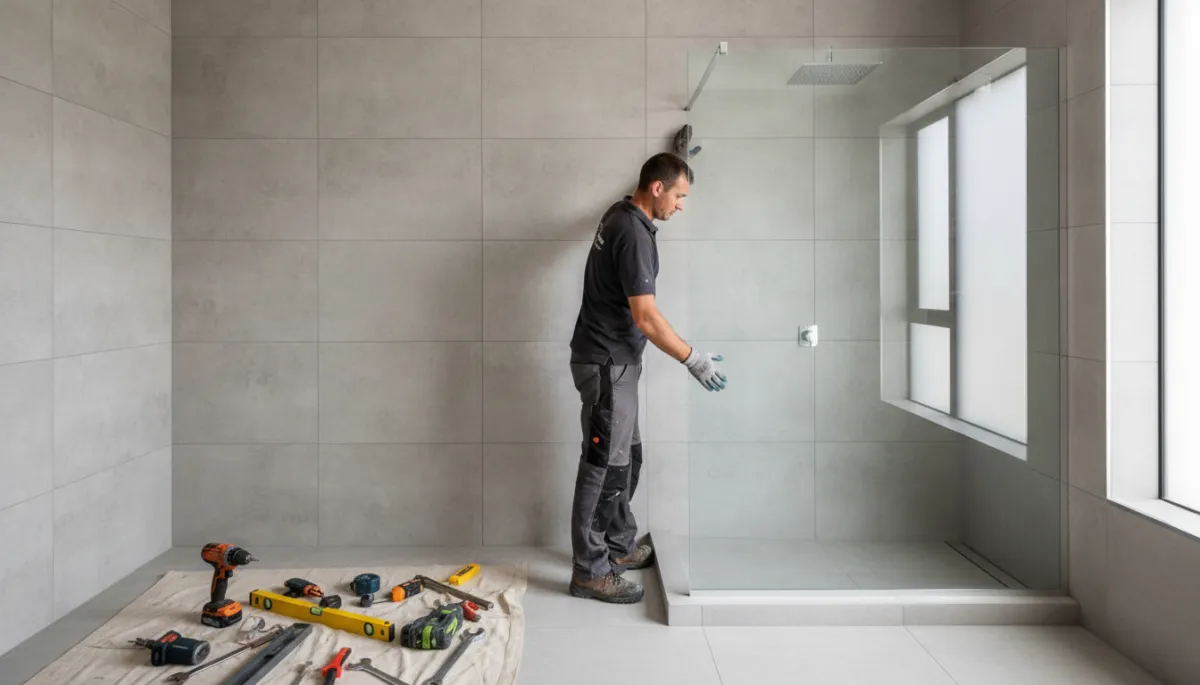 Installer positioning a frameless glass shower panel during a Cape Town renovation
