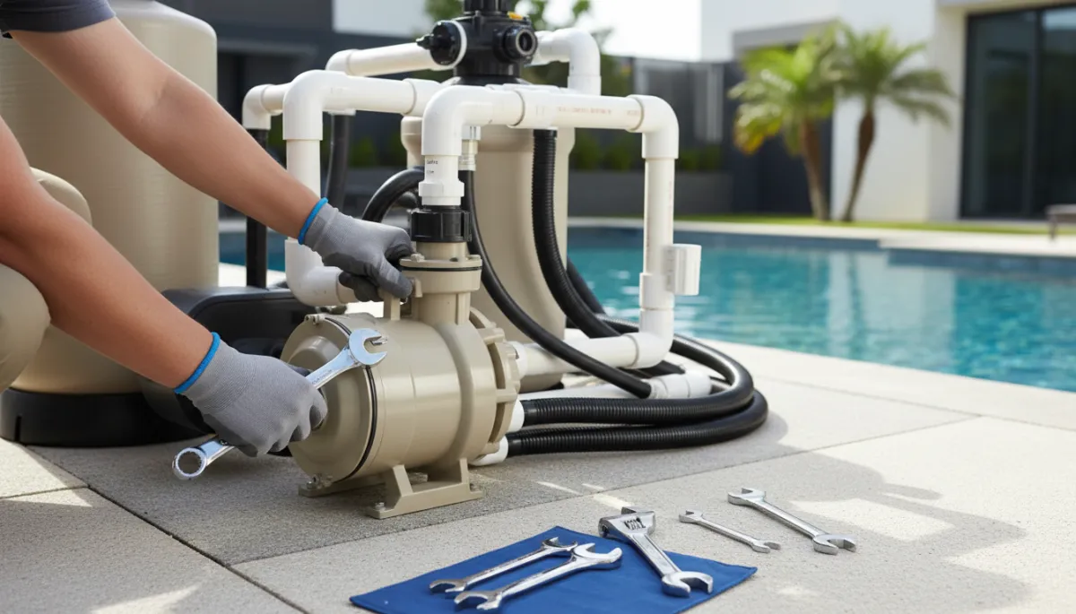 Technician carrying out pool pump repair beside a residential pool in Cape Town