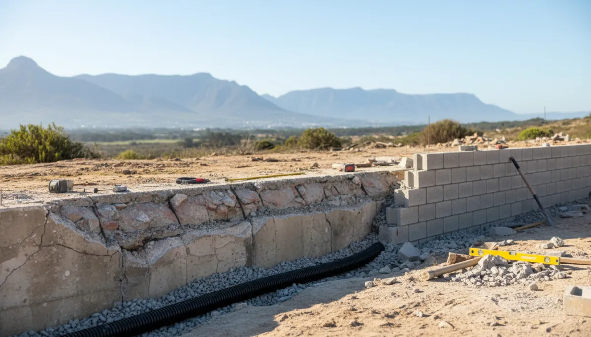 Retaining wall repair in progress with new drainage and blockwork