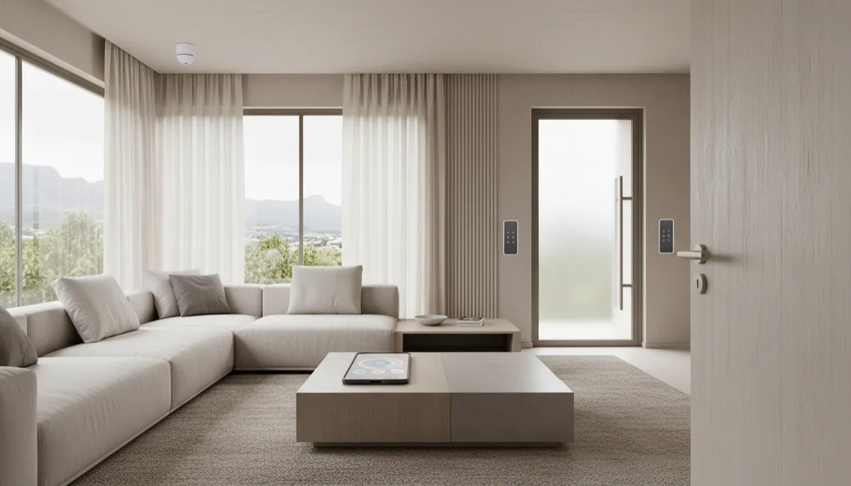 Professional interior of a Cape Town home showing discreet alarm components and mobile app