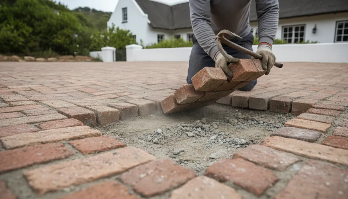 Contractor exposing the base layer under a sunken brick driveway section