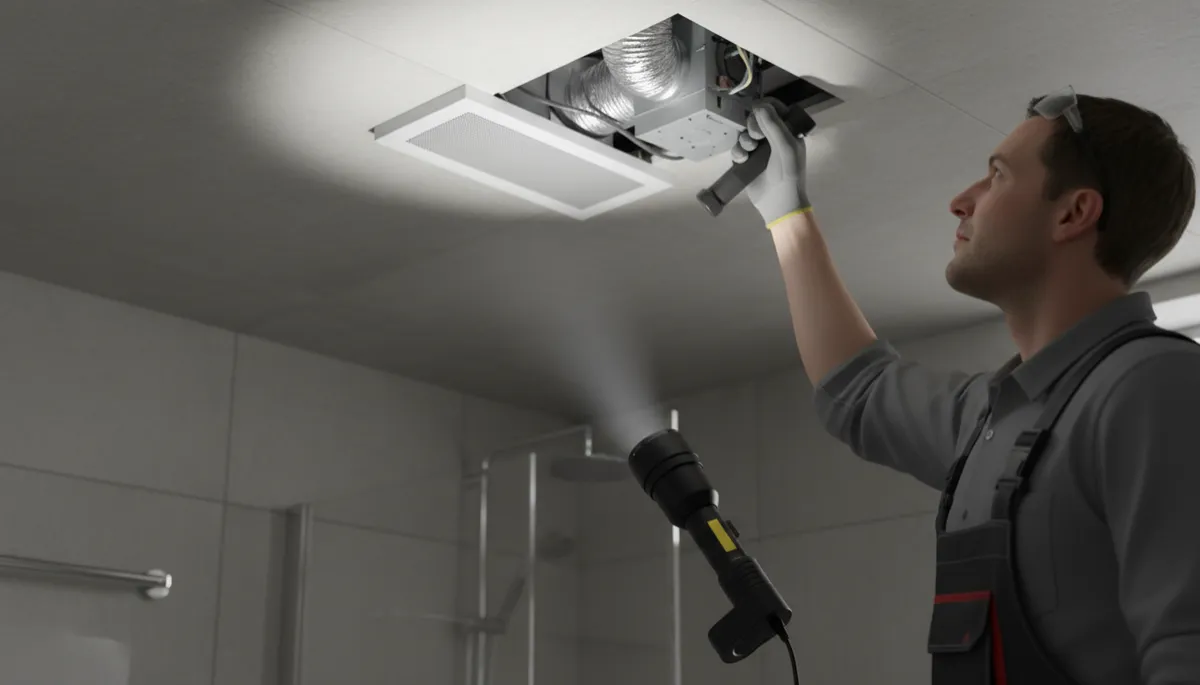 Electrician inspecting bathroom extractor fan ducting in a Cape Town apartment ceiling