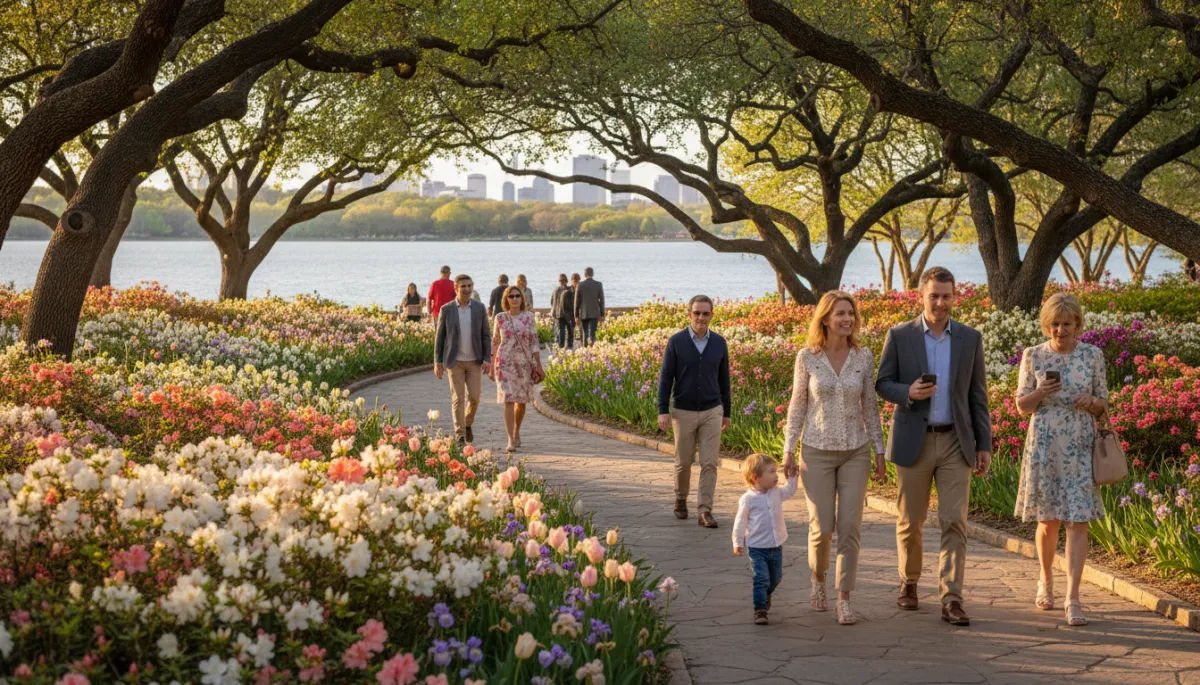 Visitors enjoying a flower-filled walkway at the Dallas Arboretum