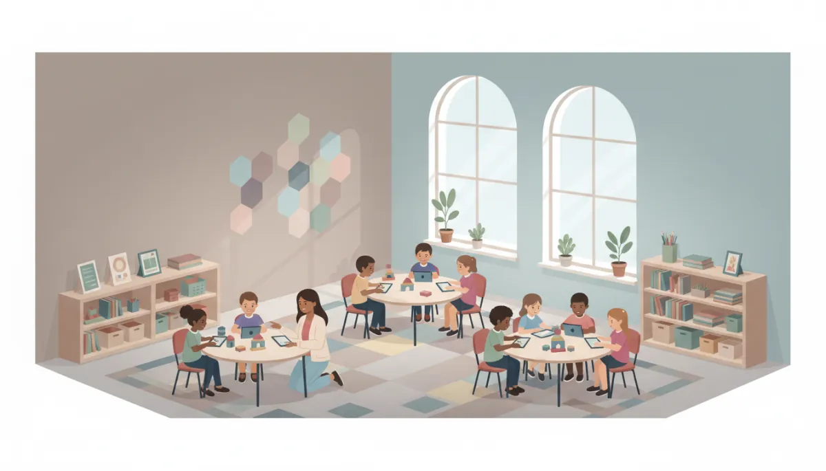 Modern Dallas classroom with students working collaboratively and a teacher assisting