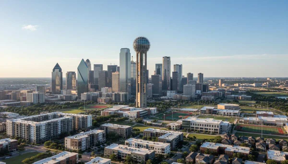 Photorealistic, high-resolution image of the iconic Reunion Tower in downtown Dallas, Texas, captured on a clear afternoon with soft, warm lighting. The landmark stands prominently amid the Dallas skyline, with surrounding modern skyscrapers and a glimpse of nearby neighborhoods below. In the foreground, include subtle hints of residential areas and a visible, contemporary school campus to connect the landmark to the theme of education and homebuying. The composition leaves space in the upper third for a blog title overlay. The overall tone is professional, inviting, and informative, suitable for a real estate or educational blog.