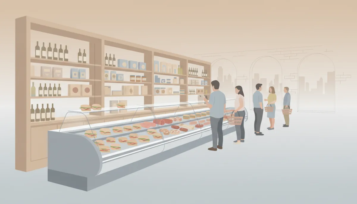 Interior of a neighborhood deli and grocery with customers in line