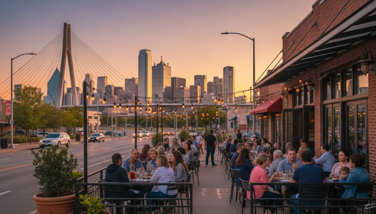 Photorealistic, high-quality image of the iconic Margaret Hunt Hill Bridge in Dallas at golden hour, with the Dallas skyline in the background. In the foreground, a lively neighborhood street scene shows people dining at outdoor tables of a popular local restaurant, families and friends sharing meals, warm glowing lights strung above the patio, and a welcoming, vibrant atmosphere. The composition balances the recognizable Dallas landmark with the energetic, community feel of local eateries, using subtle neutral tones and warm lighting for a professional, inviting look.