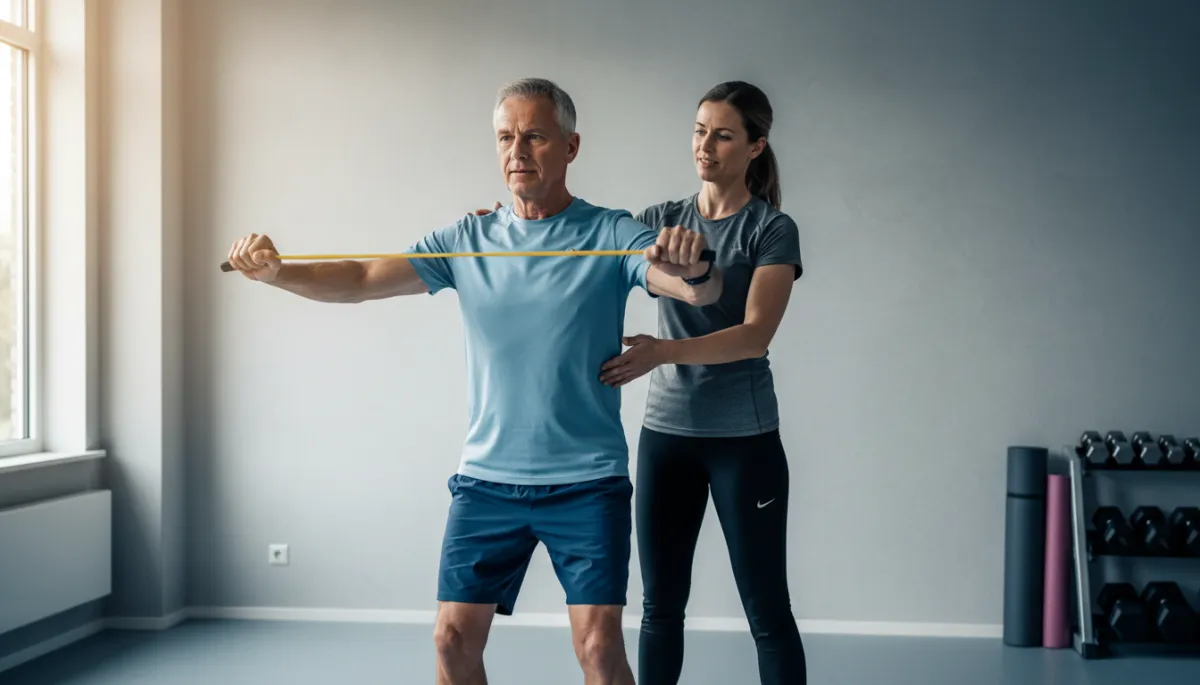 Fysiotherapeut corrigeert houding tijdens medische fitness in Emmeloord