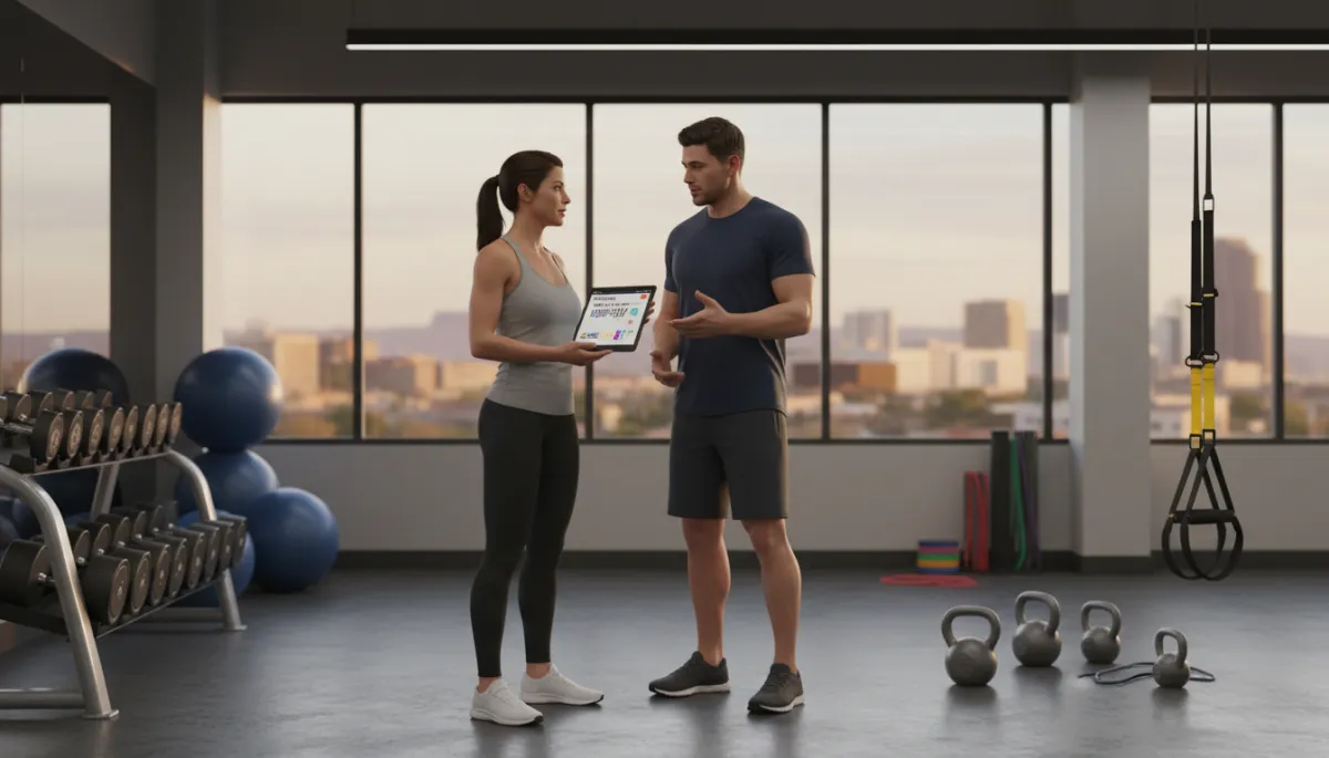 Trainer and client reviewing a personalized workout plan in an Albuquerque gym