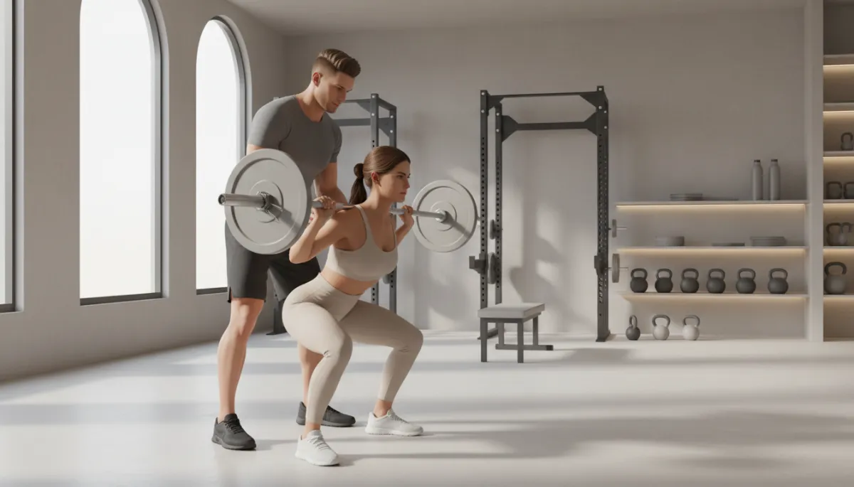 Trainer guiding a client through strength training in a modern neutral gym