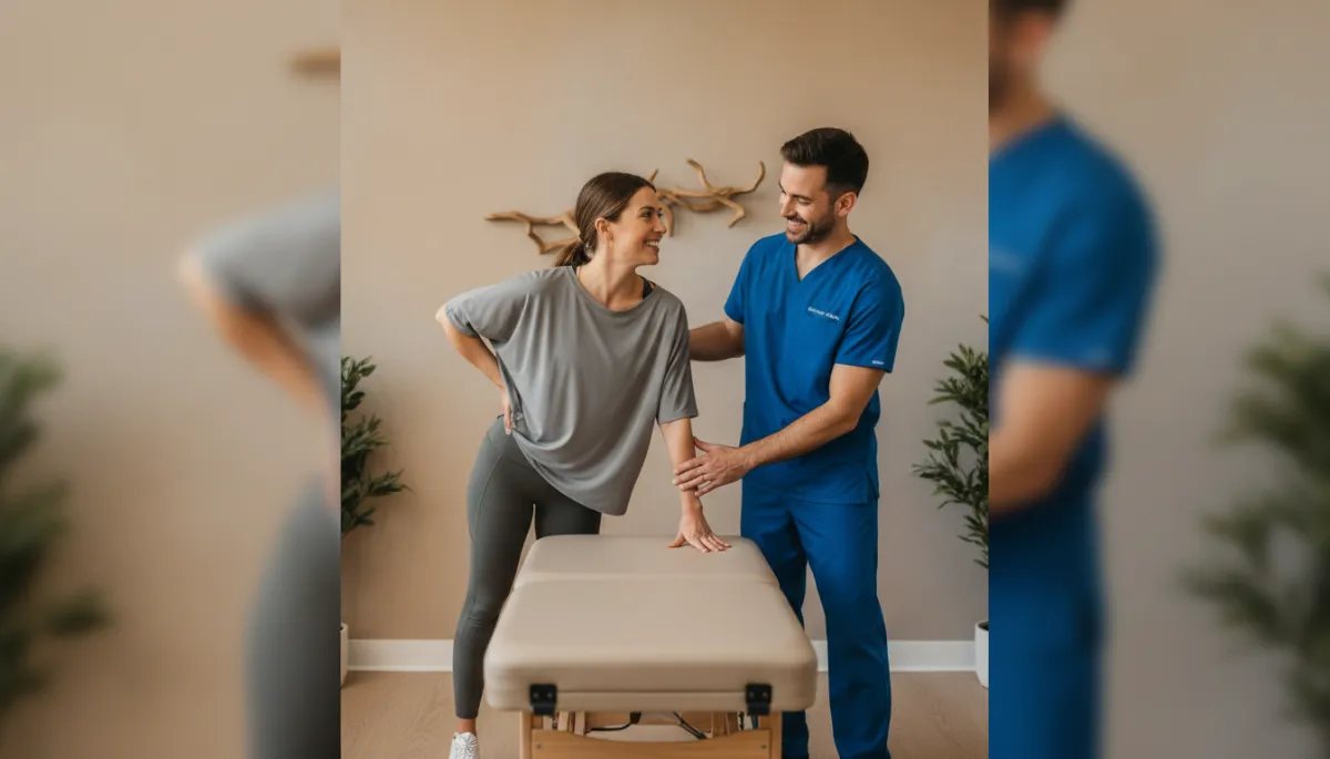 Chiropractor demonstrating lower back stretch exercise for sciatica patient Chiropractor demonstrating lower back stretch exercise for sciatica patient