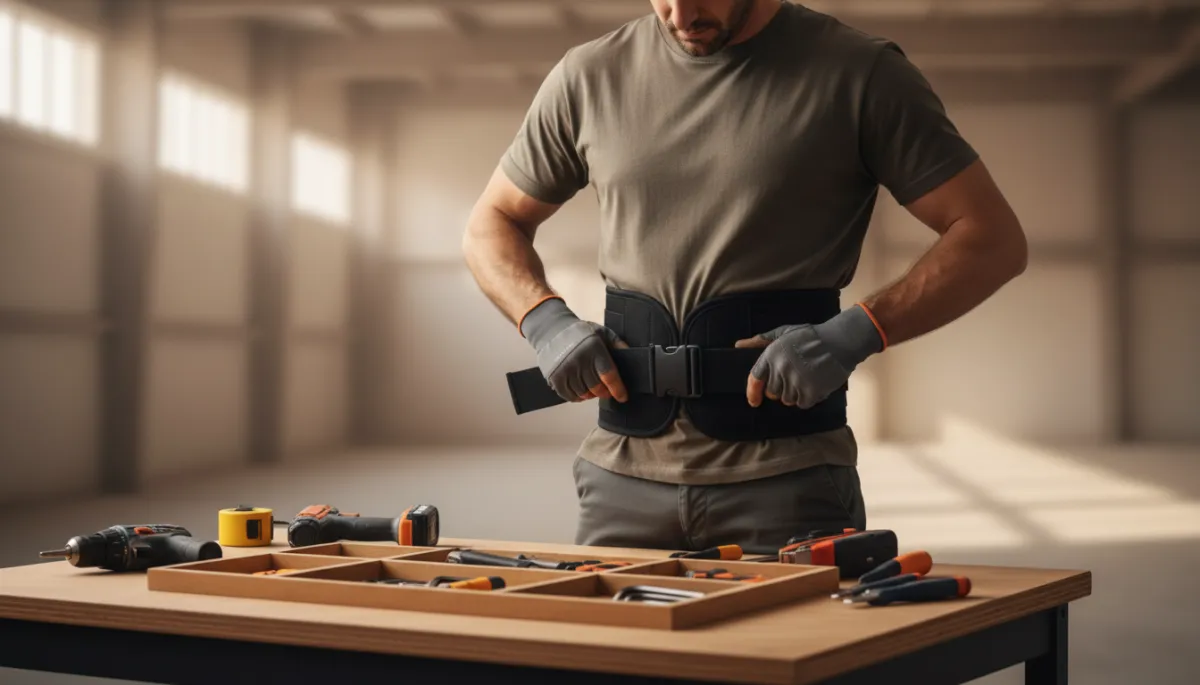 Laborer organizing tools at ergonomic height and adjusting back support belt