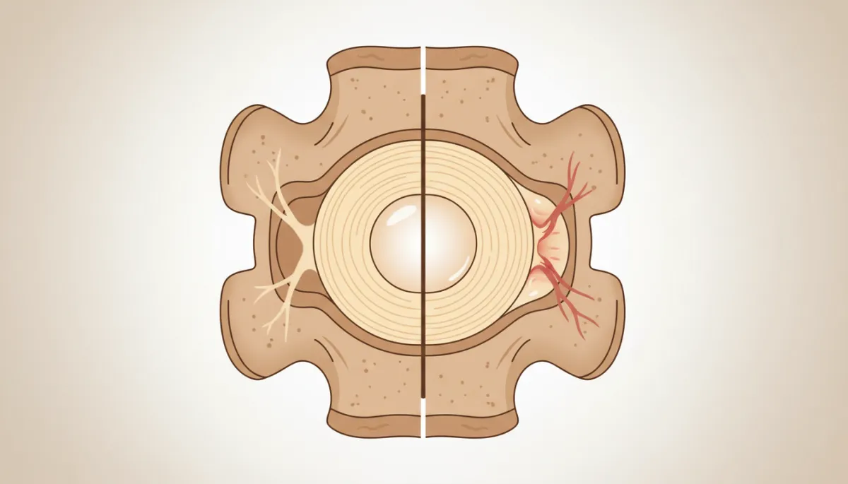 Comparison of a healthy lumbar disc and a herniated disc pressing on a nerve
