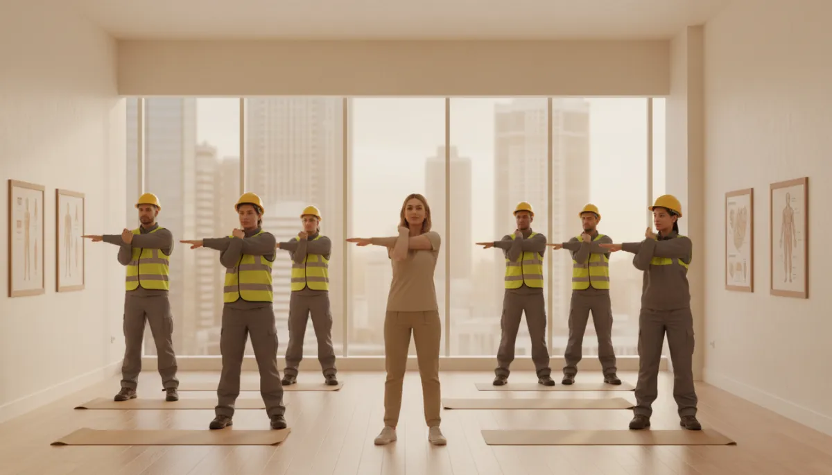 Chiropractor teaching blue collar workers stretching and posture techniques