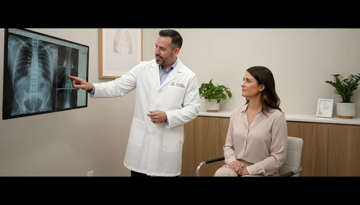 Chiropractor explaining spinal X-ray results to a patient in a clinic