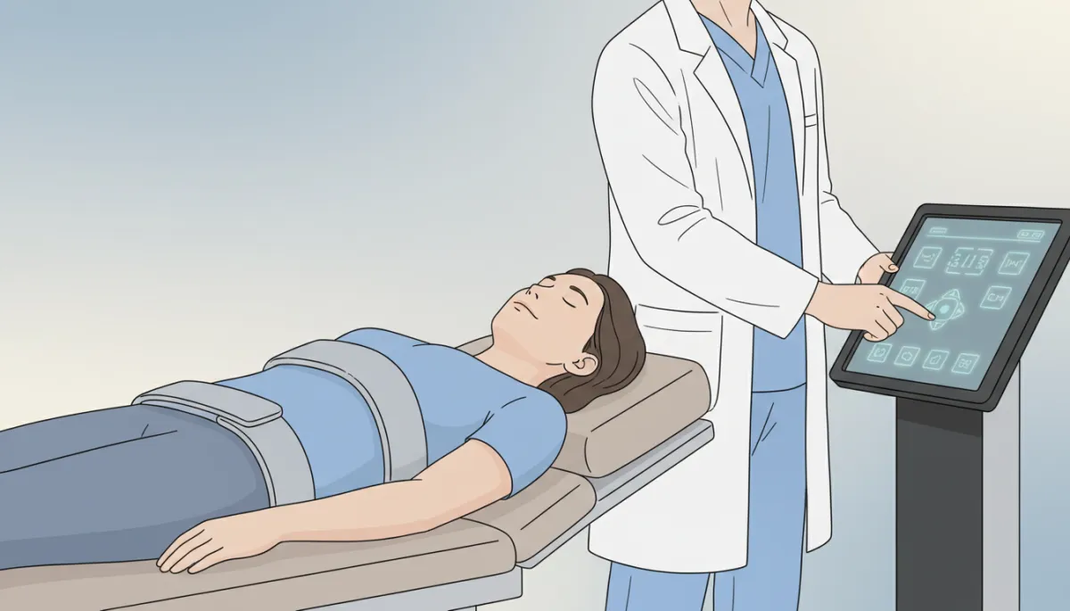 Patient receiving comfortable spinal decompression therapy under chiropractor supervision Patient receiving comfortable spinal decompression therapy under chiropractor supervision