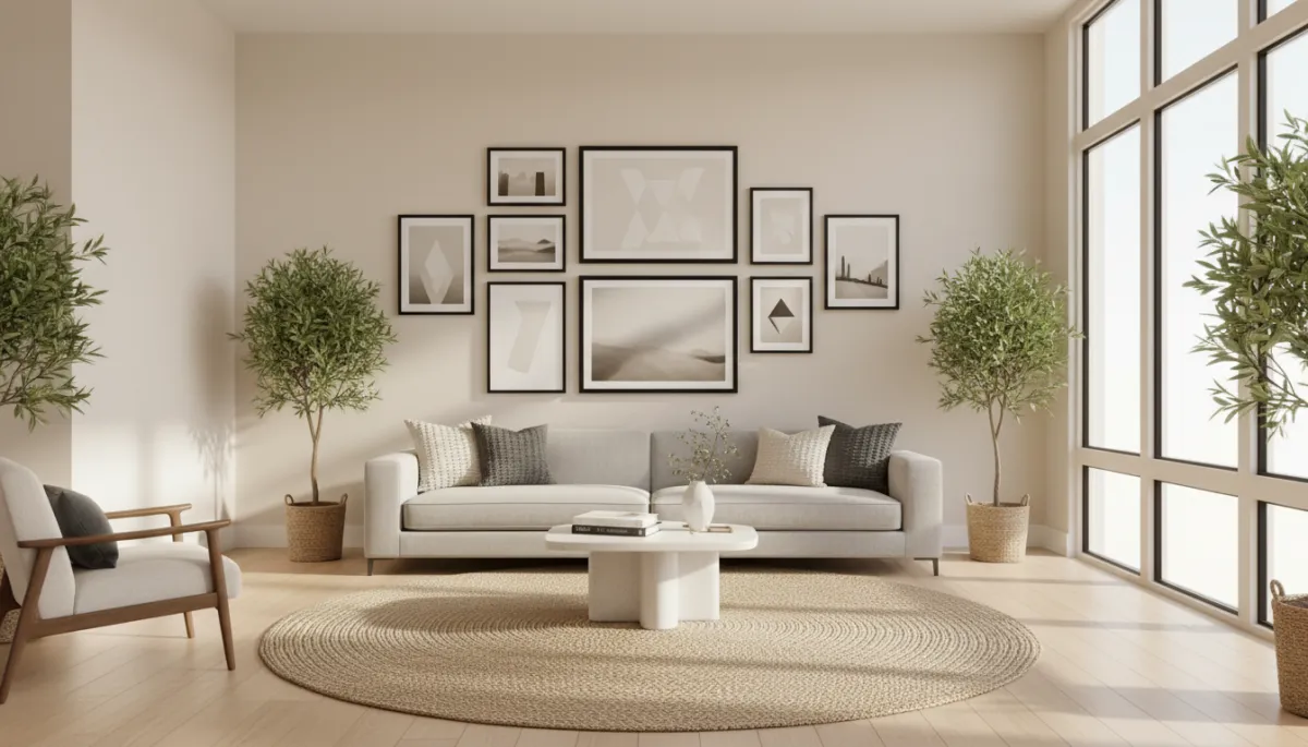 Los Angeles living room featuring a gallery wall of custom framed artwork