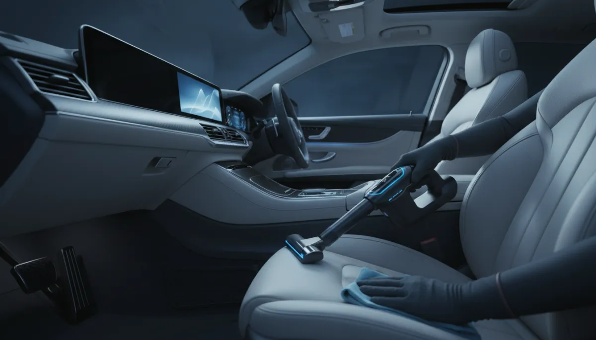 Luxury car interior receiving detailed post-storm cleaning