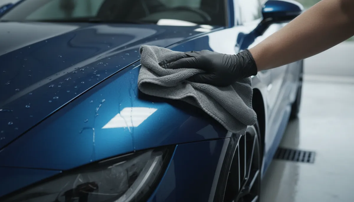 Detailer drying a luxury vehicle with a plush microfiber towel