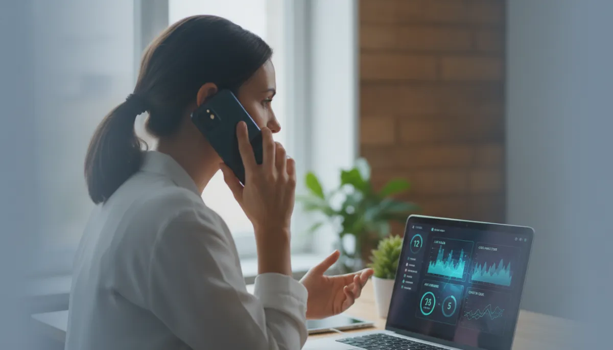 Small business owner working while AI dashboard tracks calls and chats in real time