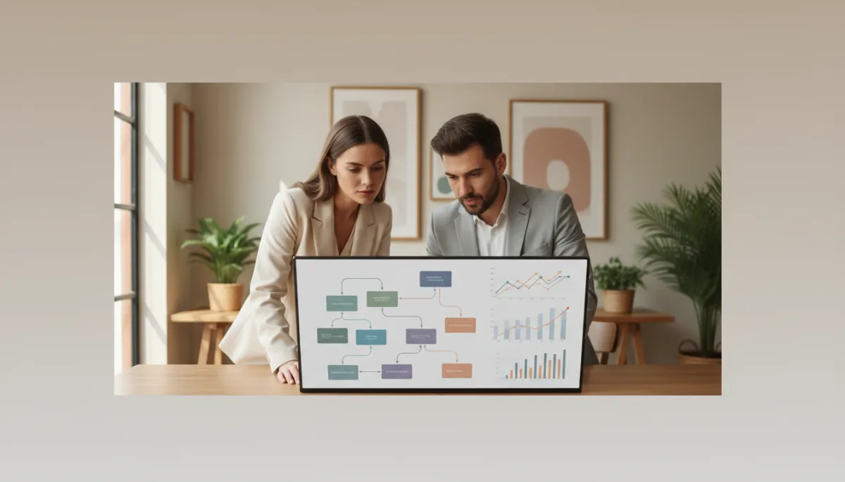 Small business owner reviewing AI strategy and automation results with a consultant