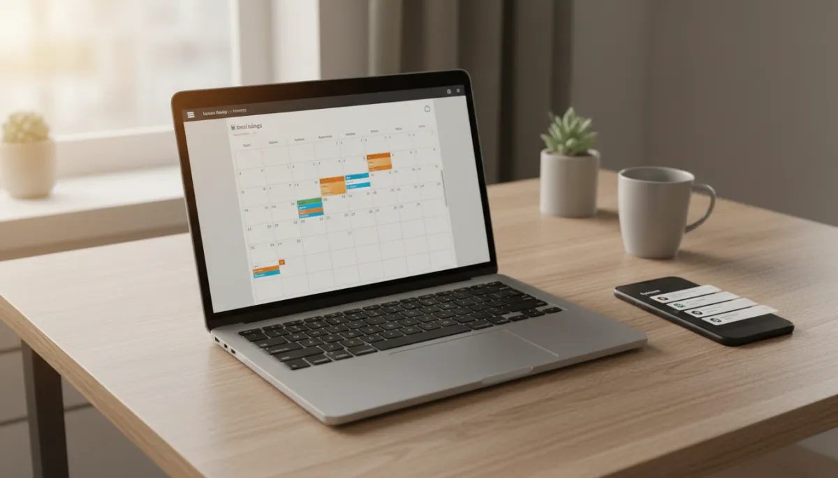 Laptop calendar displaying automated appointment bookings with phone notifications beside it Laptop calendar displaying automated appointment bookings with phone notifications beside it