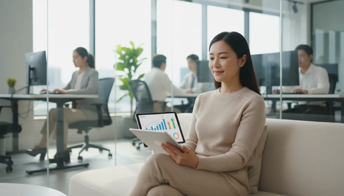 Relaxed business owner reviewing improved performance metrics on a tablet Relaxed business owner reviewing improved performance metrics on a tablet