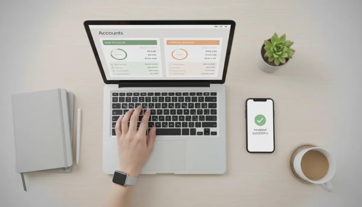 Business owner viewing automated invoice and payment status dashboard on laptop Business owner viewing automated invoice and payment status dashboard on laptop