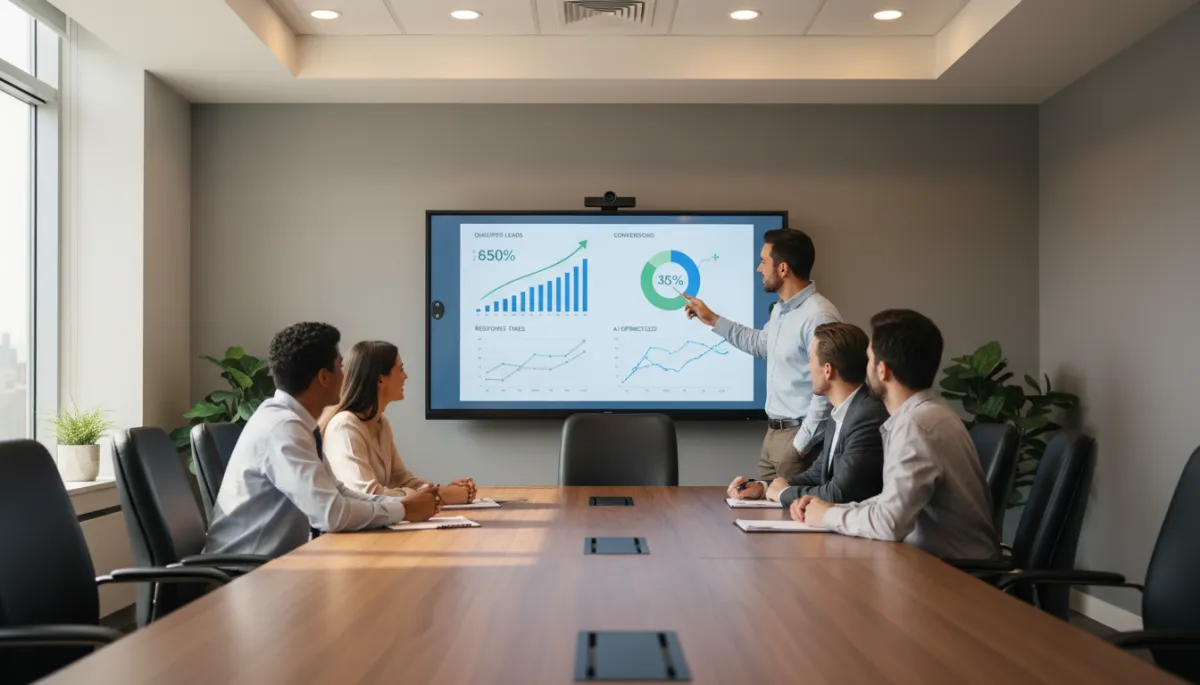 Sales team reviewing improved lead qualification and conversion metrics on a large screen