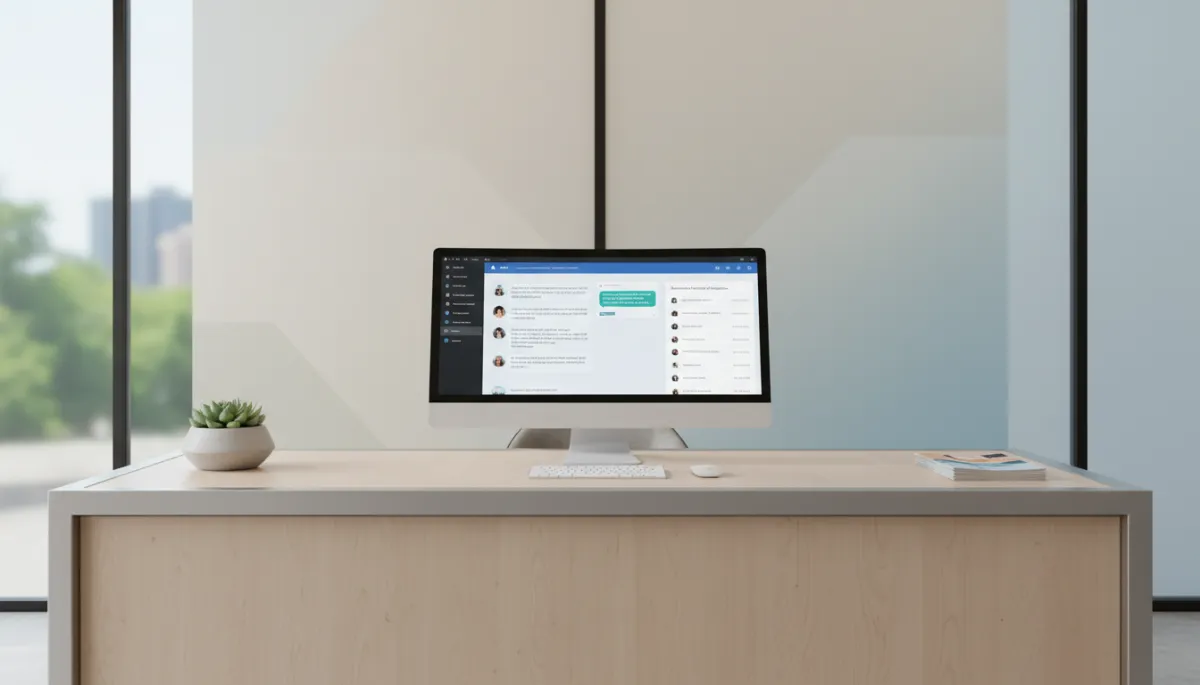 Reception desk with AI chat and missed call text-back system on screen