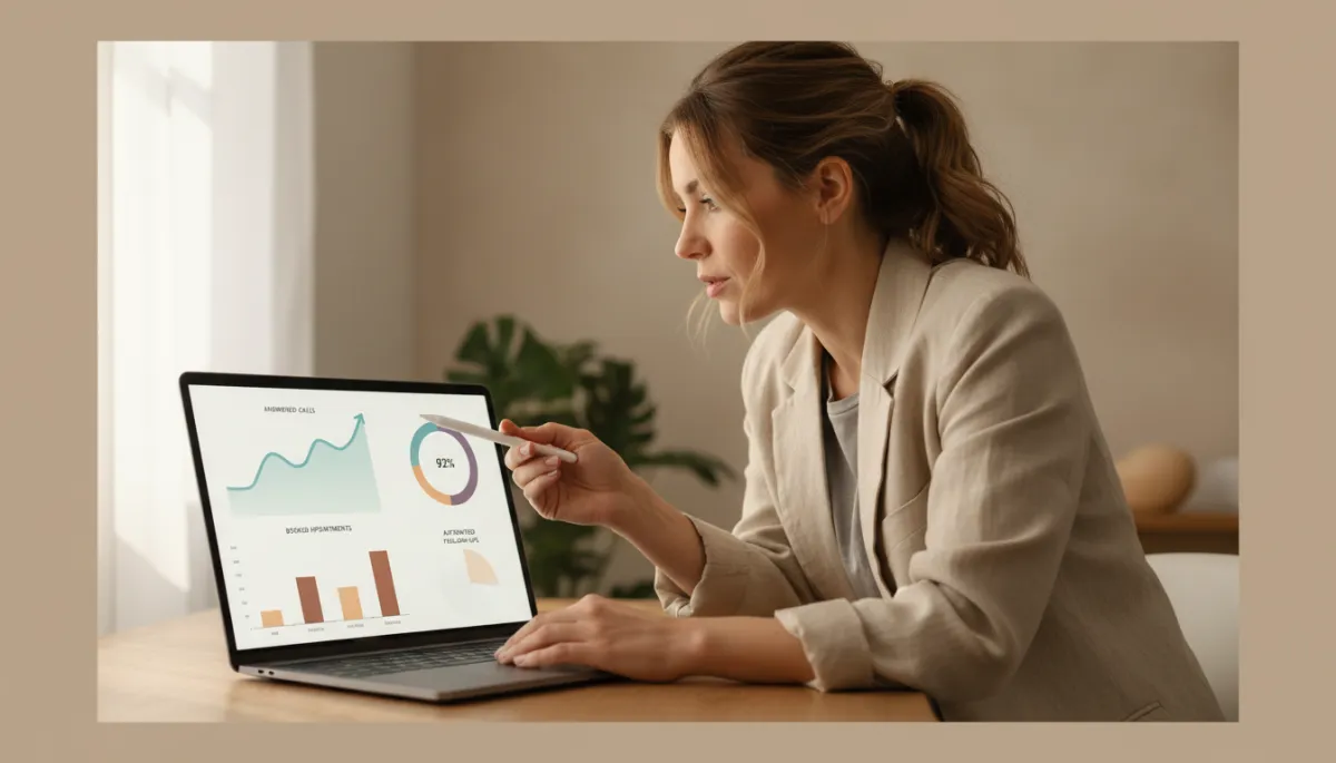 Photorealistic scene of a small business owner reviewing AI call and chat performance dashboard
