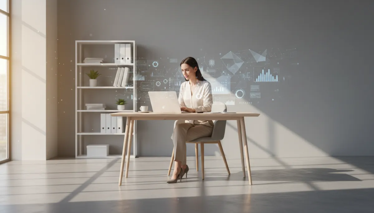 photorealistic neutral-toned modern small business office with a confident owner reviewing analytics on a laptop, subtle AI-style data overlays in the air, warm natural light, clean professional look