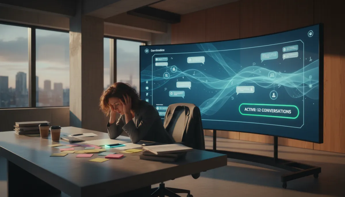 photorealistic neutral‑toned modern office at dusk, business owner looking exhausted at desk cluttered with sticky notes and a ringing phone, in the background a sleek screen shows an AI dashboard calmly handling multiple conversations at once