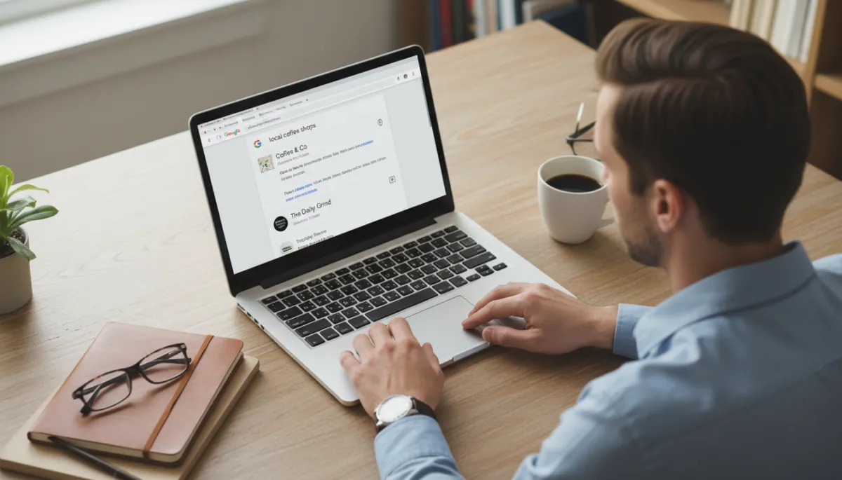 photorealistic overhead view of a small business owner looking at a laptop showing Google search results where a competitor ranks above them, neutral color palette, soft daylight, realistic office setting
