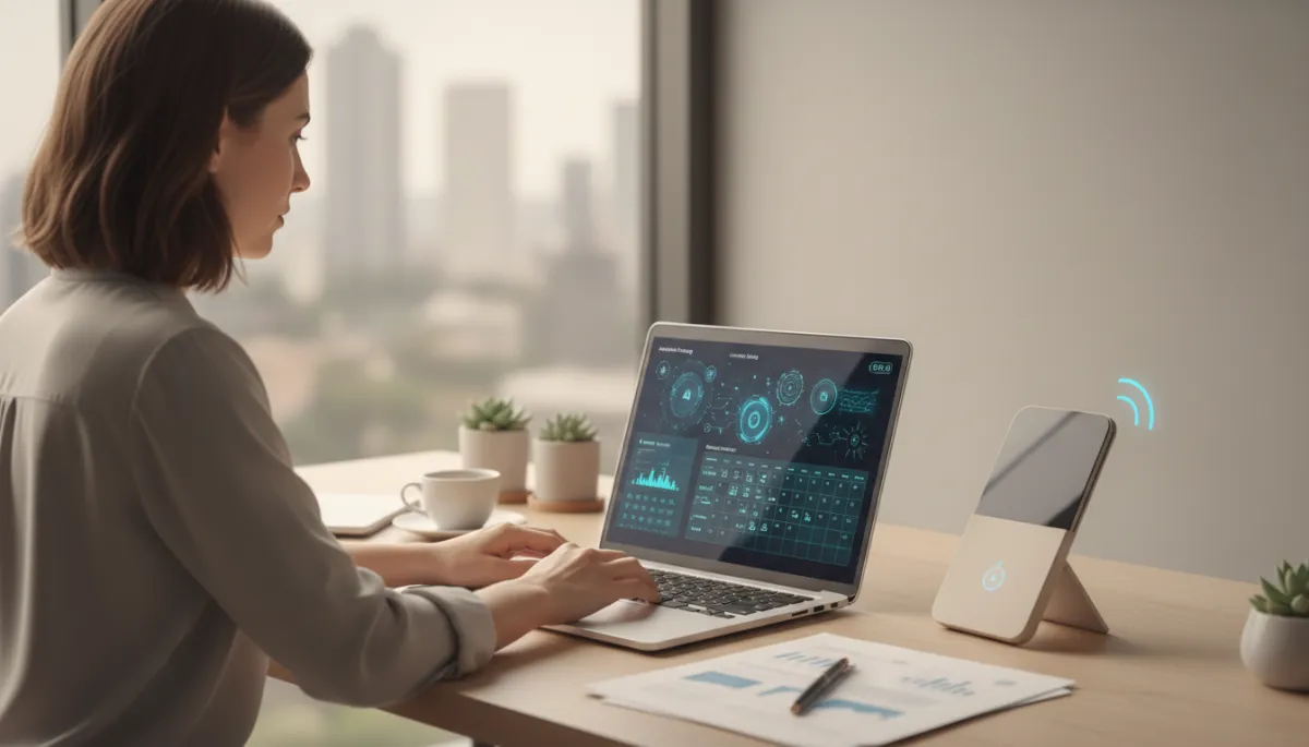 photorealistic neutral-toned office of a small business owner working on a laptop, phone ringing nearby, AI dashboard on screen showing automated messages and appointment bookings
