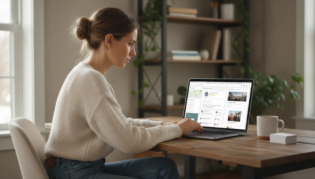 photorealistic neutral-toned scene of a small business owner sitting at a desk in a cozy office, looking at a laptop showing multiple browser tabs with Google search results, Google Business profile, online reviews, social media feeds, and a website homepage, soft natural light, calm but slightly worried expression