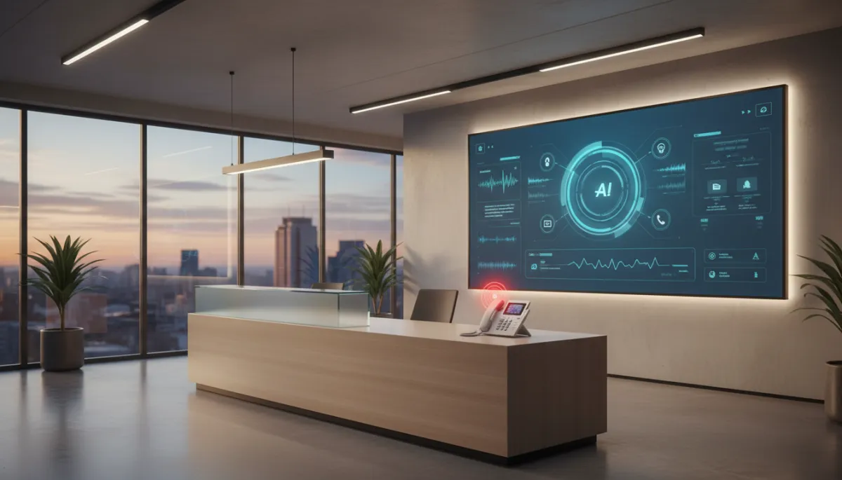 photorealistic neutral-toned modern small business office reception area at dusk, empty front desk phone ringing while a sleek wall-mounted screen shows an AI dashboard handling calls and messages in real time