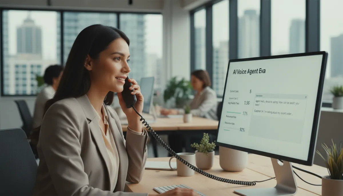 photorealistic neutral-toned scene of a small business owner in a modern office speaking on a desk phone while a computer screen beside them shows a clean dashboard labeled 'AI Voice Agent Eva' with live call metrics and transcripts