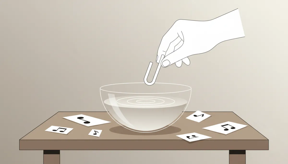 Cuenco de cristal con agua rodeado de notas musicales