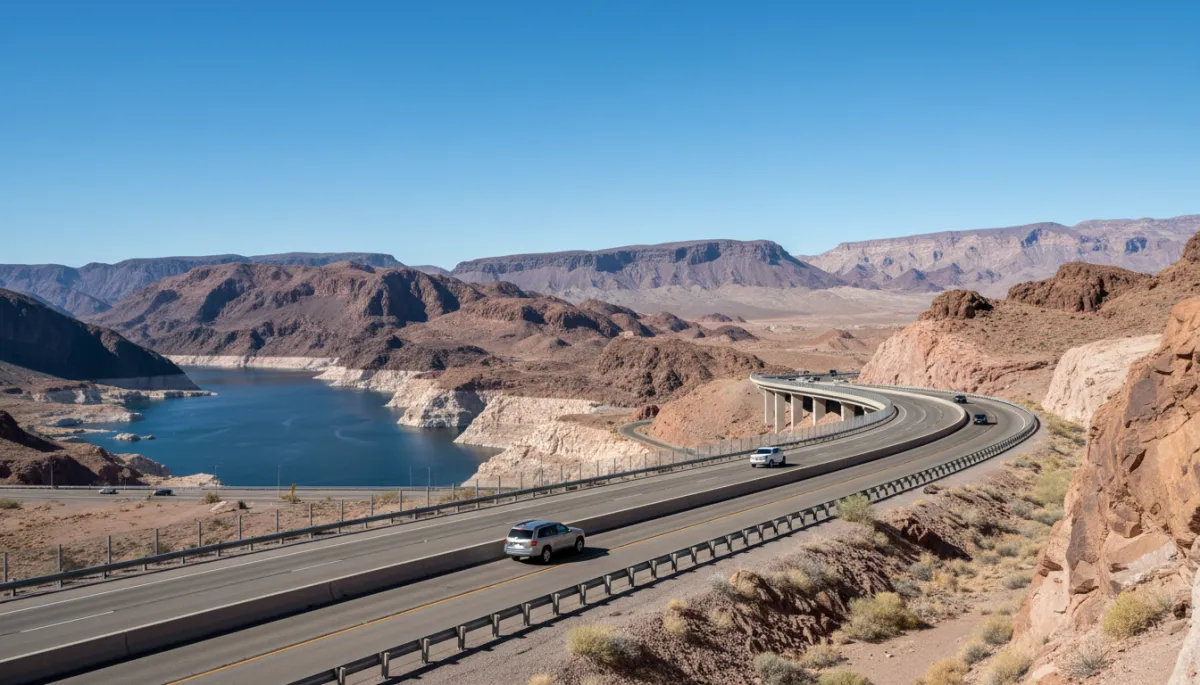 Wide safe road near Hoover Dam with light traffic and clear skies